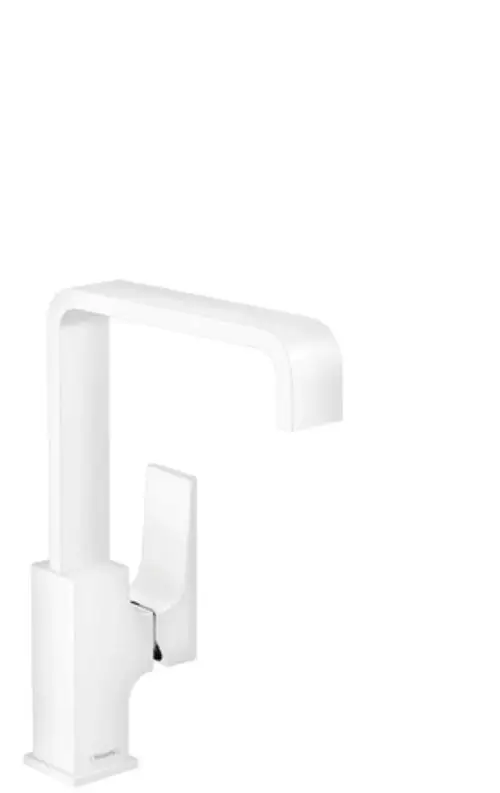 Weiße Armatur mit einem langen, gebogenen Auslauf und einem seitlichen Hebelgriff von Hansgrohe. Geeignet für Waschtische.
